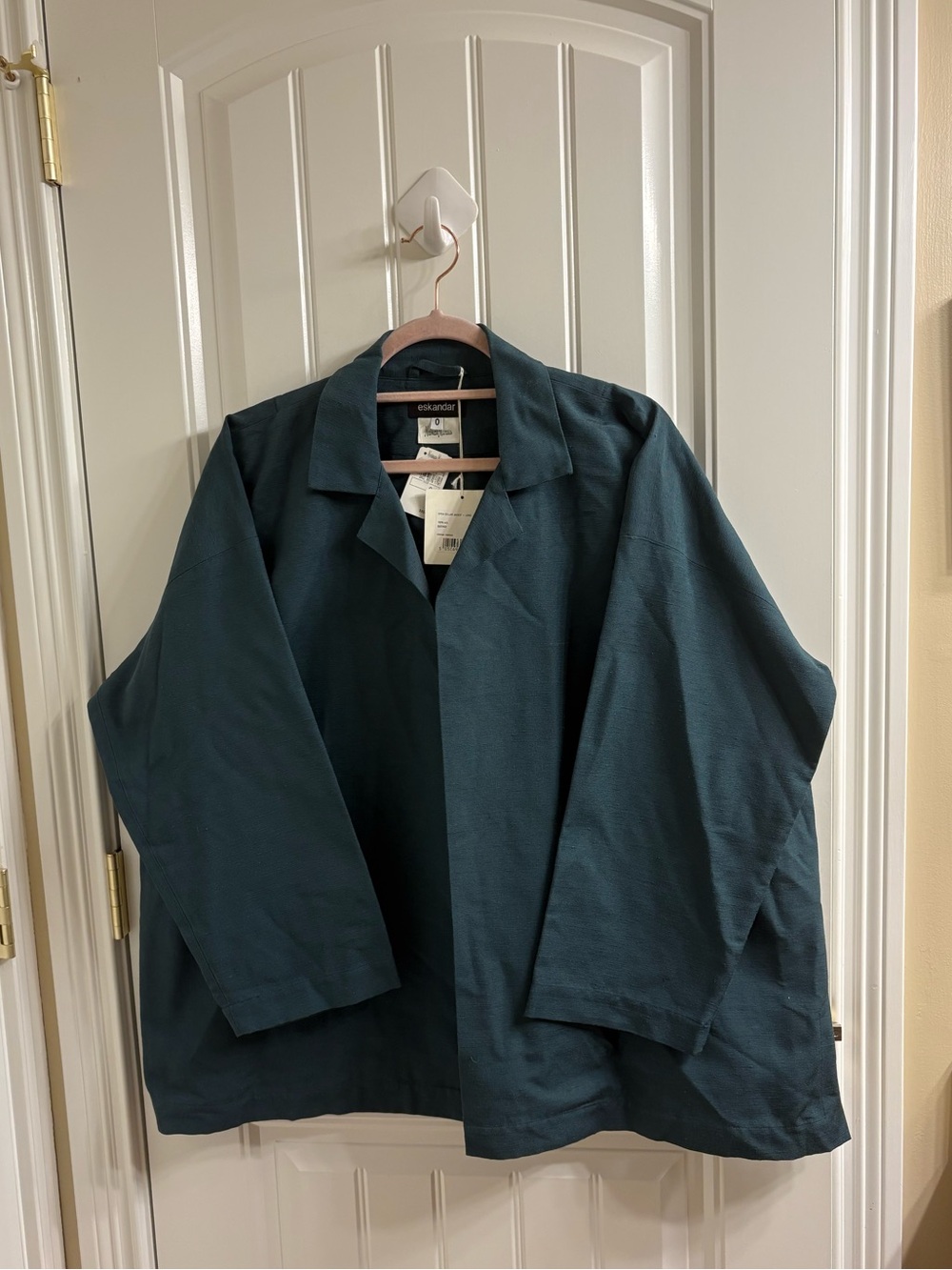 ESKANDAR NWT Size 0 Teal Silk Open Collar Boxy Jacket Neiman Marcus Measurements